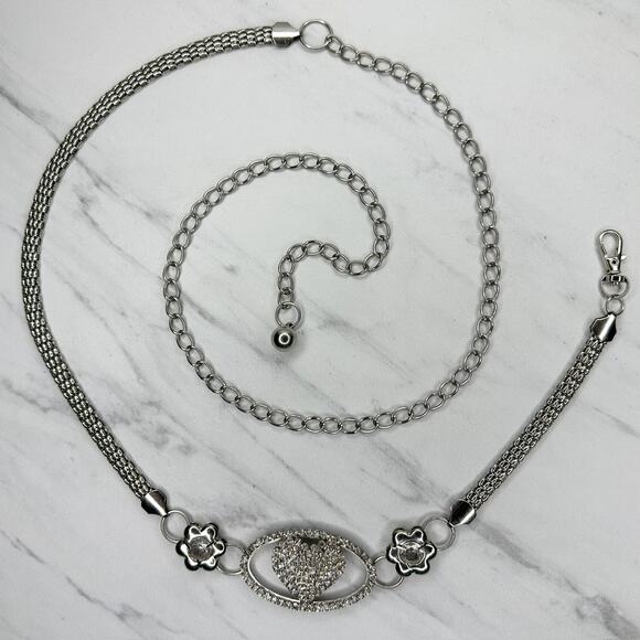 Rhinestone Heart Flower Chain Belt Y2K Silver Tone Metal Links OS ✨ - Picture 1 of 16